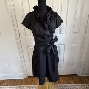 Julian Taylor New York Black Wrap Dress Ruffle Collar Tie Waist Size 10